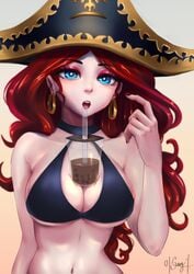 bikini blue_eyes breasts bubble_tea_challenge earrings hat league_of_legends liilica miss_fortune red_hair