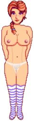 big_breasts brown_hair feet female female_only jodi_(stardew_valley) kneehighs pixel_art purple_eyes solo_female stardew_valley thick_thighs video_games wet white_panties