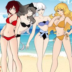 beach bikini black_hair blake_belladonna blonde_hair clothing faunus female human red_hair ruby_rose rwby shielagercek team_rwby traced weiss_schnee white_hair yang_xiao_long
