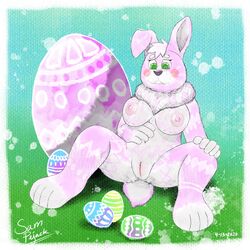 1:1 breasts easter easter_bunny easter_egg female fur genitals hi_res holidays lagomorph leporid mammal pink_body pink_fur pussy rabbit samuel_pejack sitting white_body white_fur