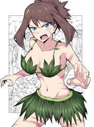 1girls 2019 abs aged_up alternate_breast_size alternate_costume alternate_hairstyle alternate_outfit angry bare_arms bare_shoulders blue_eyes breasts brown_hair camouflage collarbone cowboy_shot eyebrows_visible_through_hair fangs female female_only forest grass_skirt highres human human_only leaf_bikini leaf_clothing long_fingernails looking_at_viewer may_(pokemon) navel nintendo older open_mouth plant_bikini plant_clothing pokemon pokemon_(manga) pokemon_adventures pokemon_rse sapphire_birch_(pokemon) short_hair sidelocks solo suzusiigasuki teeth thighs tied_hair tongue white_background