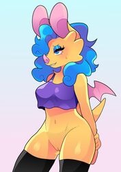 animal_ears anthro bat bat_girl bat_wings beelzbat belly_button big_breasts blue_eyes blue_hair blush furry labia large_breasts makeup pussy pussy_lips sharp_teeth smiling stockings sweatdrop tail thick_thighs yellow_fur