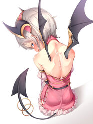 back bare_back bare_shoulders blue_eyes blush closed_mouth cum cum_on_body cum_on_upper_body demon_girl demon_horns demon_tail female highres horns looking_at_viewer looking_back princess_connect! princess_connect!_re:dive profile short_hair simple_background sitting solo tail tears white_background wings yaosera yori_(princess_connect!)