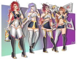 4girls alternate_costume ashe_(league_of_legends) league_of_legends looking_over_eyewear looking_over_glasses lunerik miss_fortune multiple_girls sivir sunglasses tinted_eyewear vayne