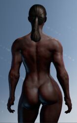 3d ass back_muscles balls69_(artist) big_ass blue_eyes brown_skin close-up completely_nude dark-skinned_female dark_skin female hips human muscular_female nude nude_female perky_breasts playa_(saints_row) ponytail saints_row saints_row_iv screenshot solo solo_female