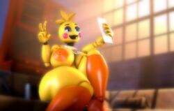 3d 3d_(artwork) beak bib big_breasts blue_eyes camera couch erect_nipples eyelashes five_nights_at_freddy's hips huge_breasts huge_toy_chica large_breasts leg_raise light_rays looking_at_object on_couch peace_sign phone pornzensfm_(artist) puffy_nipples purple_eyelids robot robot_joints runaboo_chica selfie sideboob smiling solo source_filmmaker thick_thighs thighs toy_chica_(fnaf) underboob v window yellow_body yellow_skin zentaisfm