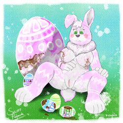 1:1 animal_humanoid breasts candy chocolate chocolate_lactation chocolate_milk easter easter_bunny easter_egg female food fur genitals hi_res holidays lactation lagomorph leporid mammal pink_body pink_fur pussy rabbit samuel_pejack unusual_lactation white_body white_fur