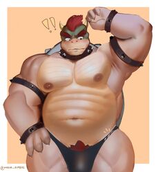 1boy arm_up armpits bara bowser claws gay horror_himbos koopa male_only mario_(series) muscular muscular_male nintendo red_hair solo speedo