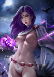 bellybutton belt blondynkitezgraja breasts cape casual cloak clothing dc dc_comics female female_only human looking_at_viewer magic medium_breasts naked nipples outerwear pale_skin panties purple_hair rachel_roth raven_(dc) red_lipstick smooth_skin teen_titans