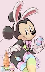 anthro ass blush bow bulge bunny_costume buttplug clothing costume dandi disney easter easter_egg femboy garter_straps gloves hand_on_hip handwear holidays legwear lube lying male male_only mammal mickey_mouse mouse murid murine on_side pink_background rodent sex_toy smile solo stockings