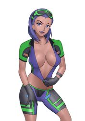 diving_suit evelicious female female_only front_zipper gloves overwatch purple_eyes purple_hair purple_lipstick solo_female sombra tulum_sombra wetsuit_top zipper zipper_down