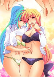 black_bow black_underwear blue_eyes blue_hair green_underwear navel_fetish navel_insertion orange_eyes orange_hair ponytail roses smile white_shirt