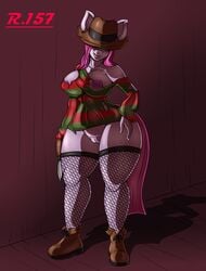 absurd_res anthro big_breasts bottomless breasts clothed clothing equid equine female fishnet fishnet_legwear fishnets freddy_krueger furry genitals hand_on_hip hi_res horse legwear mammal my_little_pony nightmare_on_elm_street nipples pony pussy renegade-157 wide_hips