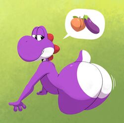 1boy 1femboy anthro ass big_ass big_butt bimbo bubble_ass bubble_butt butt dat_ass eggplant emoji femboy feminine_male food fruit girly green_background hi_res huge_ass komdog komponi male male_only mario_(series) nintendo peach_(fruit) plant presenting presenting_hindquarters purple_yoshi simple_background solo thick_ass trap video_games wide_hips yoshi