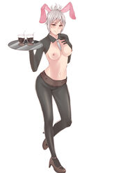 1girls belt breasts bunny_ears bunnysuit drinks firdausfaizin half-dressed heels league_of_legends nipples pantyhose pink_nipples reverse_bunnysuit riven short_hair tie_between_breasts tray white_hair