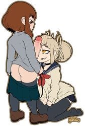 1futa 1girls alternate_hairstyle ass collar female femsub foreskin futa futa_on_female futadom futanari gcfmug half-closed_eyes himiko_toga large_penis leash my_hero_academia ochako_uraraka on_knees penis penis_awe penis_on_face school_uniform sharp_teeth shortstack skirt_pull text thick_thighs uncircumcised uncut watermark wide_hips