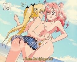 2girls angry animated areolae ass beach big_breasts blonde_hair bluethebone breasts dead_or_alive dead_or_alive_xtreme_beach_volleyball female female_only honoka_(doa) koei_tecmo large_breasts lens_flare marie_rose meme multiple_girls nipples pink_hair retro_artstyle skull_hair_ornament small_breasts subtitled topless yuri