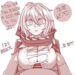 1boy 1girls big_breasts breasts censored code_vein ekz emotionless english_text expressionless female groping hand_on_breast highres huge_breasts io_(code_vein) large_breasts md5_mismatch paizuri paizuri_under_clothes ringed_eyes robe shirt straight torn_clothes torn_shirt