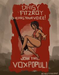 1girls ass bandana bioshock bioshock_infinite black_hair breasts crueltyfreesmut daisy_fitzroy dark-skinned_female dark_skin dreadlocks feet female female_focus female_only firearm gun human legs looking_at_viewer nipples pinup poster propaganda pussy reaching_towards_viewer recruitment_poster red_background rifle smile text twitter_username weapon