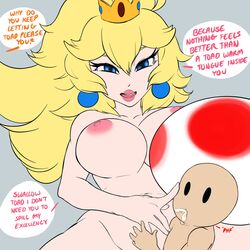 big_breasts bodily_fluids breasts dialogue female genital_fluids hi_res human larger_female lyn_nyl male mammal mario_(series) nintendo nipples nude princess_peach pussy_juice size_difference toad_(mario) video_games