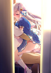 1boy 1girls ass ass_grab blue_eyes braid braided_bangs censored chair clothed_sex commentary cowgirl_position faceless faceless_male female flower french_kiss grey_hair hair_flower hair_ornament hisakawa_hayate hug idolmaster idolmaster_cinderella_girls idolmaster_cinderella_girls_starlight_stage kissing kissing_while_penetrated light-skinned_female long_hair mosaic_censoring natsumi_akira no_shoes panties panties_around_one_leg penis pink_panties pussy_juice sex sitting sitting_on_person skirt skirt_lift straddling straight teenage_girl teenager underwear upright_straddle vaginal_penetration window