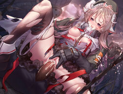 arknights breasts brown_hair censored cum cum_in_pussy cumdrip dark-skinned_male eyjafjalla_(arknights) female horns multiple_boys nipples outdoors panties panties_around_one_leg pussy rape respirator reunion_soldier_(arknights) reverse_cowgirl_position sex sheep_horns spread_legs straddling ten_no_hoshi torn_clothes torn_legwear underwear vaginal_penetration white_panties