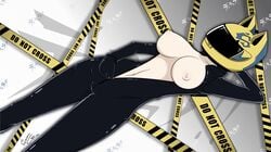 1girls background_pattern big_breasts bodysuit breasts breasts_out caution_tape celty_sturluson dullahan durarara!! female female_only gloves isaac-grim looking_away motorcycle_helmet navel nipples one_arm_up pinup police_tape tape text unzipped_bodysuit unzipping zipper zipper_down zipper_pull_tab