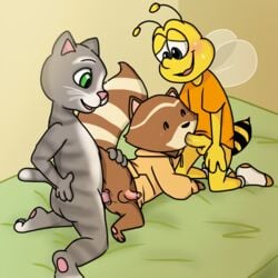 3boys anal anthro arthropod bedroom bee blush bodily_fluids buzz buzz_the_bee cheerios chillhop chillhop_raccoon crossover crossover_pairing crossover_shipping feet felid gay gay_sex general_mills genital_fluids genitals group group_sex half_clothed hi_res honey_nut_cheerios hymenopteran insects looking_at_another looking_down male male/male mammal mascot muffinlewds on_knee oral paws penis procyonid raccoon raised_tail sex spitroast spread_legs spreading sucking sweat talking_friends talking_tom talking_tom_and_friends threesome tom