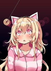 1girls @_@ atahuta blonde_hair blush cat_ear_headphones clothing drooling female hoodie hypnosis ienaga_mugi long_hair mind_control nijisanji open_mouth pink_eyes sweatshirt virtual_youtuber wide_eyed