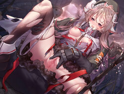 1boy ahoge animal_ears arknights bangs black_legwear blush breasts brown_hair censored dress eyjafjalla_(arknights) female gloves horns long_hair long_sleeves mosaic_censoring multiple_boys nipples open_mouth outdoors panties panties_around_one_leg pussy red_eyes respirator reunion_soldier_(arknights) sheep_horns small_breasts spread spread_legs spread_pussy staff ten_no_hoshi thighhighs torn_clothes torn_legwear underwear very_long_hair white_panties