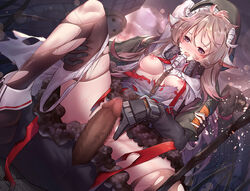 arknights breasts brown_hair censored dark-skinned_male eyjafjalla_(arknights) female horns imminent_rape imminent_sex multiple_boys nipples outdoors panties panties_around_one_leg penis pussy respirator reunion_soldier_(arknights) sheep_horns spread_legs ten_no_hoshi torn_clothes torn_legwear underwear white_panties