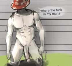 1boy abs artist_request big_penis colored_sketch dialogue english_text male male_only mushroom mushroom_humanoid navel on_knees penis roblox roblox_game rogue_lineage scroom six_pack sketch solo solo_male source_request speech_bubble stomach text white_skin