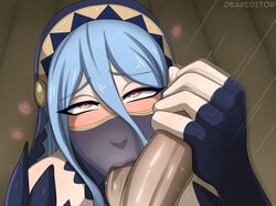 1boy 1girls azura_(fire_emblem) azura_(performing_arts)_(fire_emblem) ball_sucking bare_shoulders blowjob blue_eyes blue_hair blush dancer dark-skinned_male dark_skin deareditor erection fellatio fellatio_under_mask fellatio_under_veil female fire_emblem fire_emblem_fates fire_emblem_heroes handjob looking_at_viewer mouth_veil mysterious_dancer pov yellow_eyes