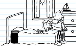 >_< 1boy 1girls accurate_art_style bed bent_over breasts closed_eyes diary_of_a_wimpy_kid doggystyle dresser earrings greg_heffley holly_hills jeffkinneyisgay jewelry large_breasts looking_at_viewer monochrome penis pillow self_upload sex sex_from_behind smile straight thumbs_up wavy_mouth window