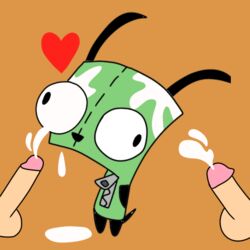 1robot 2boys armor artist_request canine cum cum_on_clothes cum_on_face disguised gir_(invader_zim) green_fur invader_zim nickelodeon orange_background orgasm simple_background yaoi