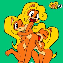 2020 absurd_res activision anthro ass blonde_hair breasts coco_bandicoot crash_(series) female female/female genitals group hair hi_res hug licking long_hair mammal marsupial nipples open_mouth pussy selfcest signature smile square_crossover tongue tongue_out video_games yopy yuri