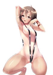 armpits breasts brown_hair cameltoe final_fantasy final_fantasy_xv iris_amicitia legs navel open_mouth posing sling_bikini suntan tan_skin tanline wristband yellow_eyes