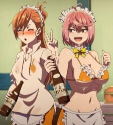 2023 2girls accurate_art_style artist_request aruaru blush breasts clothing hips holding_object kaminaki_sekai_no_kamisama_katsudou large_breasts medium_breasts official_art orange_hair pink_eyes pink_hair screencap shiruriru studio_palette swimsuit wet_clothes wet_skin