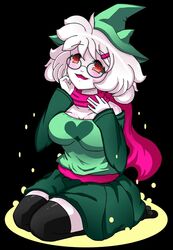 1girls anthro black_stockings blush boob_window boobs breasts cute deltarune female female_only fluffy fluffy_hair genderswap green_glasses green_hat large_breasts mairusu-paua medium_breasts pink_eyes ralsei ralsei_(female) ralsei_with_white_fur red_scarf rule_63 thighhighs wholesome yellow_glow