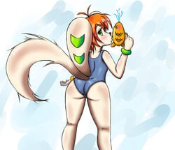 anthro ass basset_hound blush bracelet canid canine canis clothing domestic_dog female floppy_ears freedom_planet fur hair hi_res hunting_dog jewelry long_ears looking_back mammal milla_basset mufeet one-piece_swimsuit orange_hair presenting presenting_hindquarters scent_hound simple_background solo swimwear tight_clothing video_games water_gun white_body white_fur