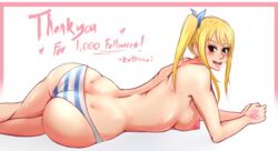 bare_breasts blonde_hair brown_eyes fairy_tail female female_only hand_tattoo katsunei lucy_heartfilia panties ponytail smiling solo tattoo