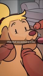 anthro bird_dog canid canine canis crayzee609 domestic_dog female gangbang genitals golden_retriever group group_sex hi_res hunting_dog lucille_(crayzee609) male mammal penis penis_everywhere reaction_image retriever sex snapchat straight