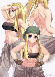 1girls athletic back big_breasts blonde_hair blue_eyes breasts cleavage dimples_of_venus ear_piercing female female_focus female_only fit fit_female fullmetal_alchemist fullmetal_alchemist_brotherhood gloves iwbitu large_breasts long_hair looking_at_viewer multiple_views navel piercing solo solo_female solo_focus sweat sweatdrop topless undressing winry_rockbell