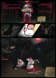 1boy 1girls angry artblush big_breasts blonde_hair broken_mask cosplay female forest frown hazbin_hotel instant_loss_2koma katie_killjoy little_red_riding_hood_(copyright) male night sex shock sign skinny smooth_skin tagme tom_trench vivienne_medrano werewolf