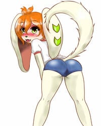 anthro ass basset_hound black_nose blush canid canine canis clothing domestic_dog fangs female floppy_ears freedom_planet fur green_eyes hair hi_res hunting_dog long_ears mammal milla_basset mufeet open_mouth orange_hair presenting presenting_hindquarters rear_view scent_hound sharp_teeth shirt simple_background solo t-shirt tan_body tan_fur teeth tight_clothing tongue topwear video_games white_background