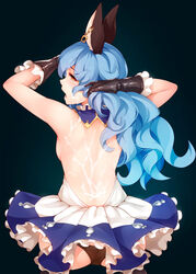 animal_ears backless_outfit bare_back black_gloves black_panties blue_hair cum cum_on_body cum_on_upper_body erune eyebrows_visible_through_hair female ferry_(granblue_fantasy) from_behind gloves granblue_fantasy kerasu long_hair looking_back open_mouth orange_eyes panties ricegnat solo underwear