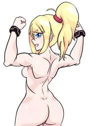 back back_muscles backboob blonde_hair blue_eyes breasts metroid muscle muscular muscular_female nintendo nude nude_female outwardgalaxy samus_aran smirk toned toned_female