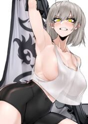 1girls abs arm_up armpits athletic bike_shorts blush breasts embarrassed fate/grand_order fate_(series) female gritted_teeth j.k. jeanne_alter large_breasts leggings see-through shoes short_hair shorts sideboob simple_background solo sweat tagme tank_top white_hair wide_hips yellow_eyes