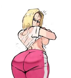 android android_18 big_breasts blonde_hair blue_eyes bob_cut bubble_butt dragon_ball dragon_ball_super embo female female_only huge_ass short_hair shounen_jump solo solo_female solo_focus sweatpants thick_thighs undressing wide_hips