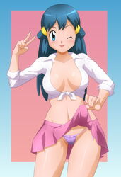 1girls aged_up alternate_breast_size alternate_outfit blouse breasts cleavage dawn_(pokemon) female female_only human lingerie long_hair medium_breasts microskirt miniskirt nintendo nipples nipples_visible_through_clothing pokemon pokemon_dppt shirt skirt skirt_lift solo thong tied_shirt tongue tongue_out zel-sama